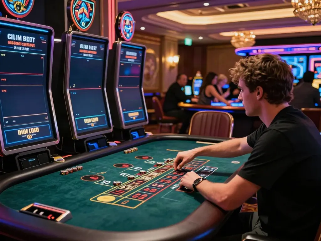 Engaged player at an SV88 live casino, surrounded by vibrant gaming atmosphere.