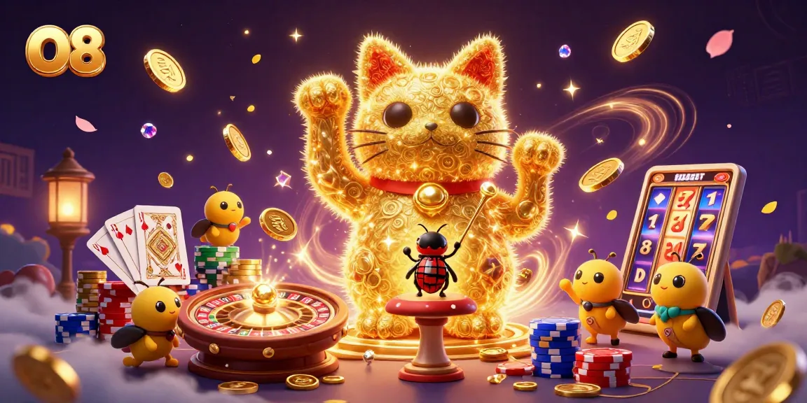 Play with O8's dynamic casino games featuring lucky cat symbols amid vibrant gaming elements.