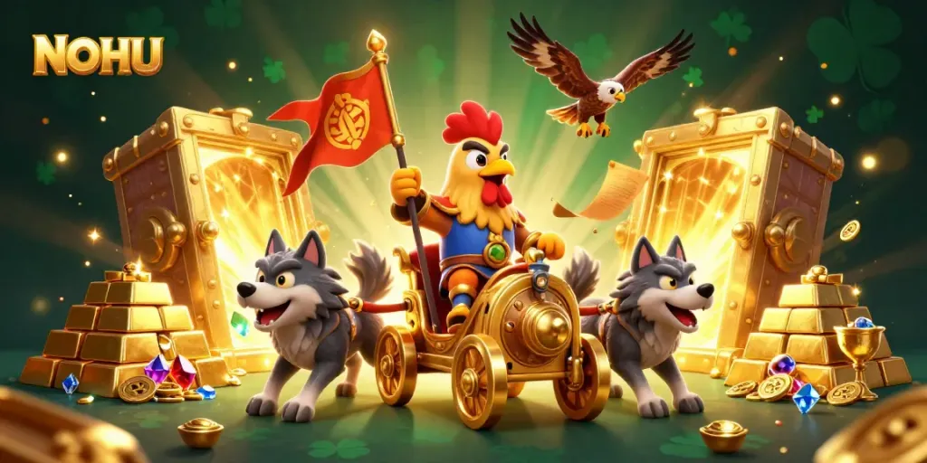 Join the NOHU adventure with a golden chariot at a vibrant casino scene filled with treasures and excitement.