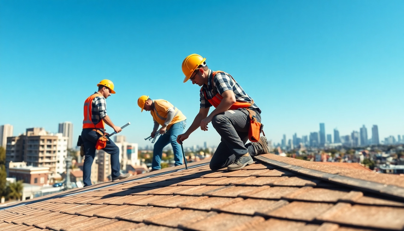 Roofing company professionals installing a new roof in an urban area with a skyline backdrop.