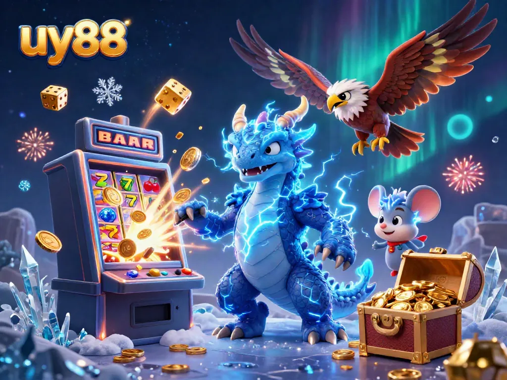 Experience the thrill of uy88 with a vibrant 3D casino illustration showcasing a thunder dragon amidst dynamic gaming elements.