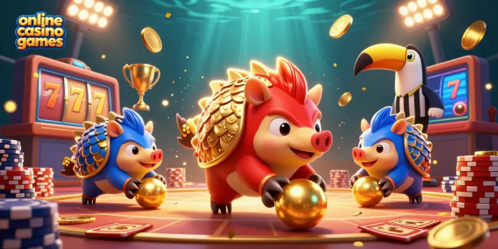 Engaging scene of rival pangolins promoting online casino games amid colorful slot elements and dynamic atmosphere.