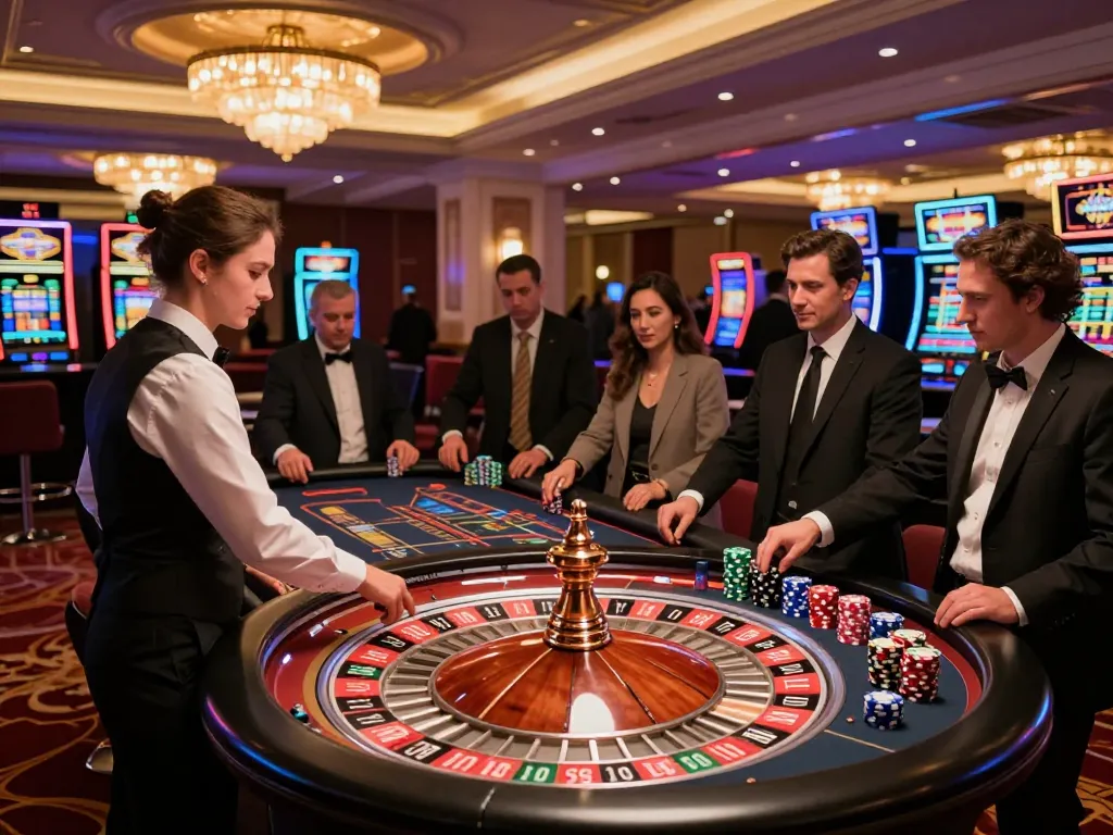 Exciting gaming action at F168 roulette table in a luxurious casino setting, players engaged as the croupier spins the wheel.