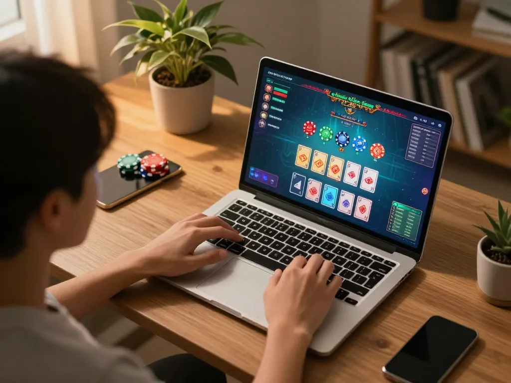 Xocdiaonline player engaging in an online gaming session showing vibrant game interface from a cozy home setting