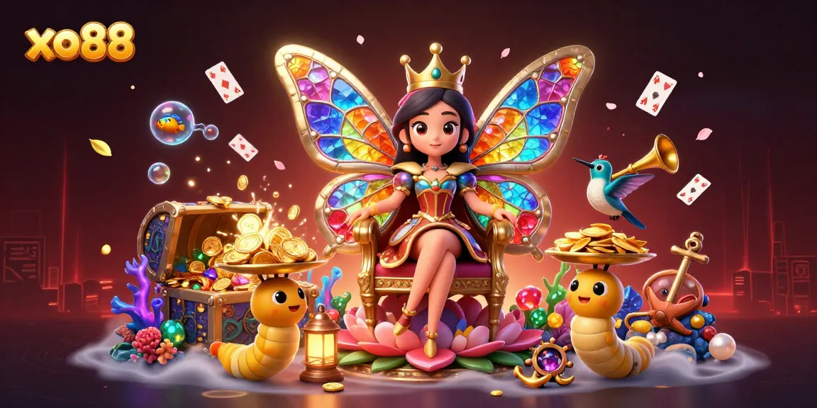 Engage in thrilling games at xo88 with a vibrant 3D casino illustration showcasing a butterfly queen and treasures.
