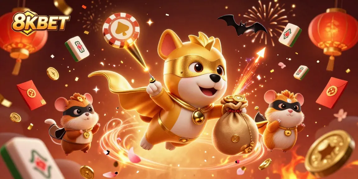 Engage with 8KBET's exciting 3D casino illustration featuring a superhero dog and hamster amidst colorful gambling elements.