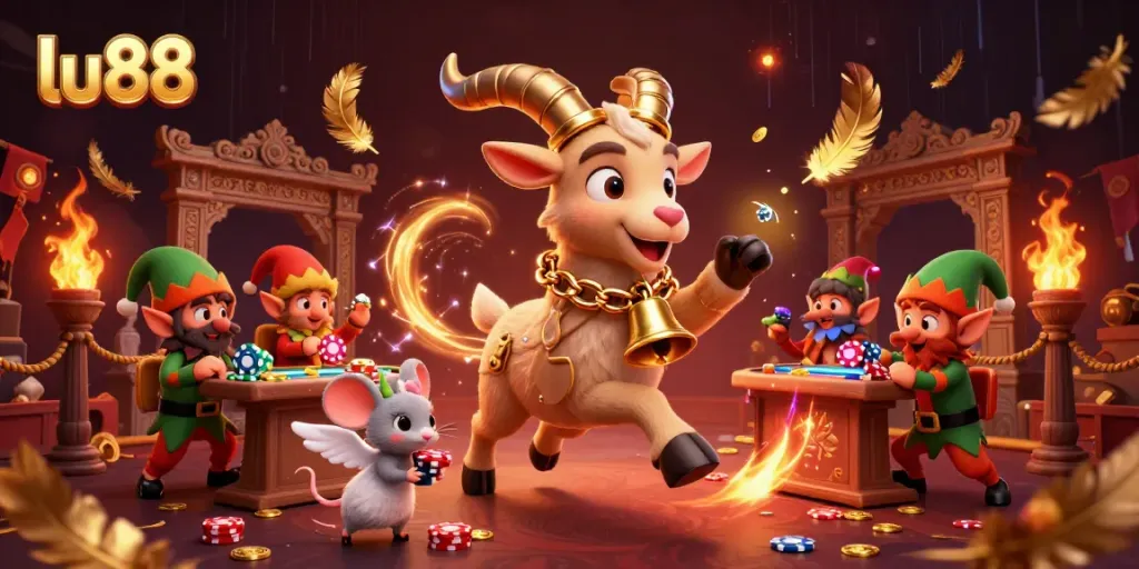 Experience the thrill of lu88 with festive characters in a vibrant casino scene.