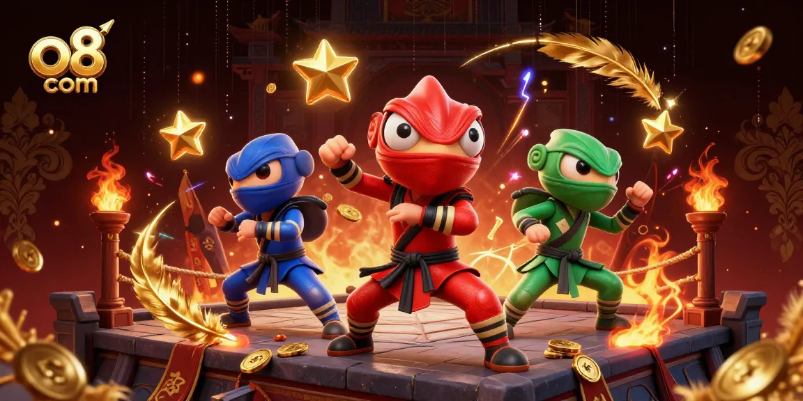 Engage with thrilling action at o8 com while witnessing a ninja chameleon team in a vibrant casino scene.