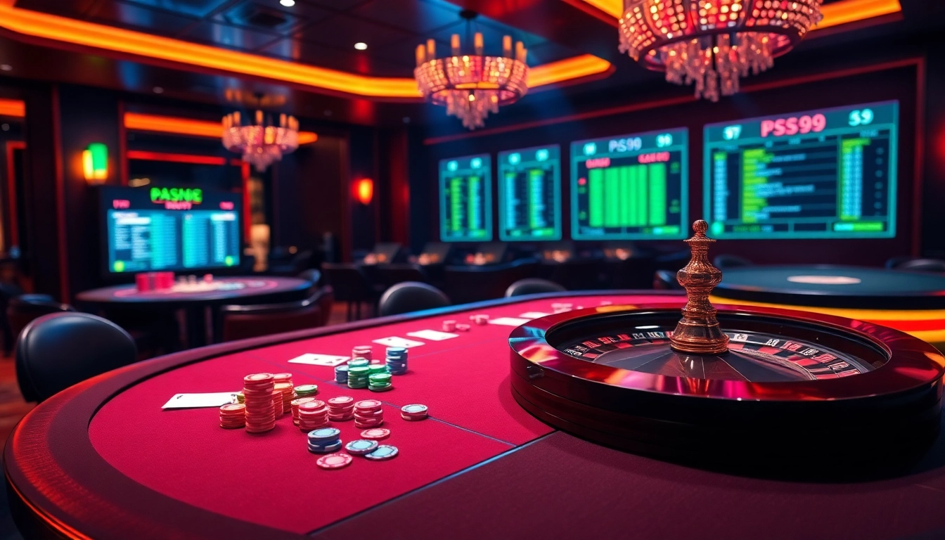 Gamble strategically with PS99 at an upscale casino table featuring vibrant poker chips and cards.