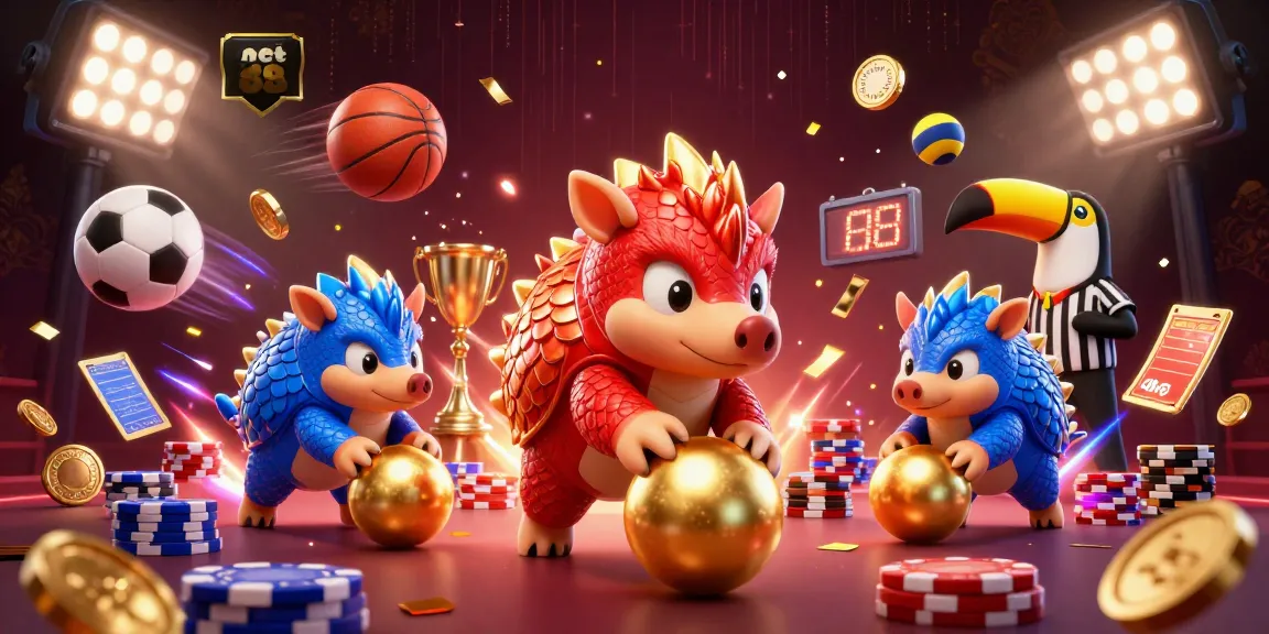 Bet on net 88 as rival pangolins roll golden balls, creating a lively casino scene.
