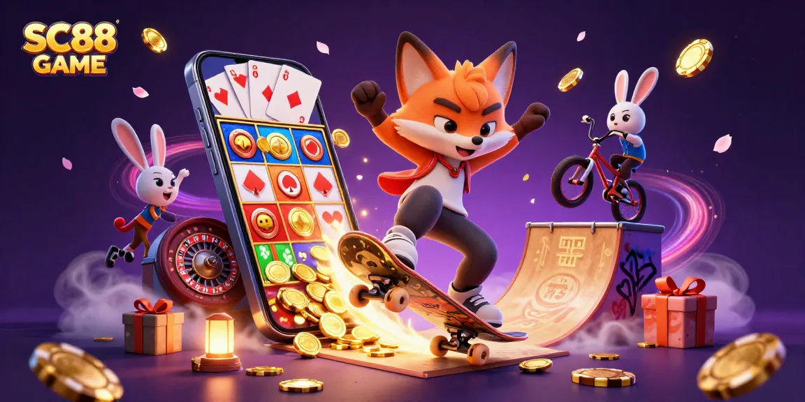 Experience SC88 GAME with a skateboarder fox and BMX rabbit in a vibrant 3D casino world.