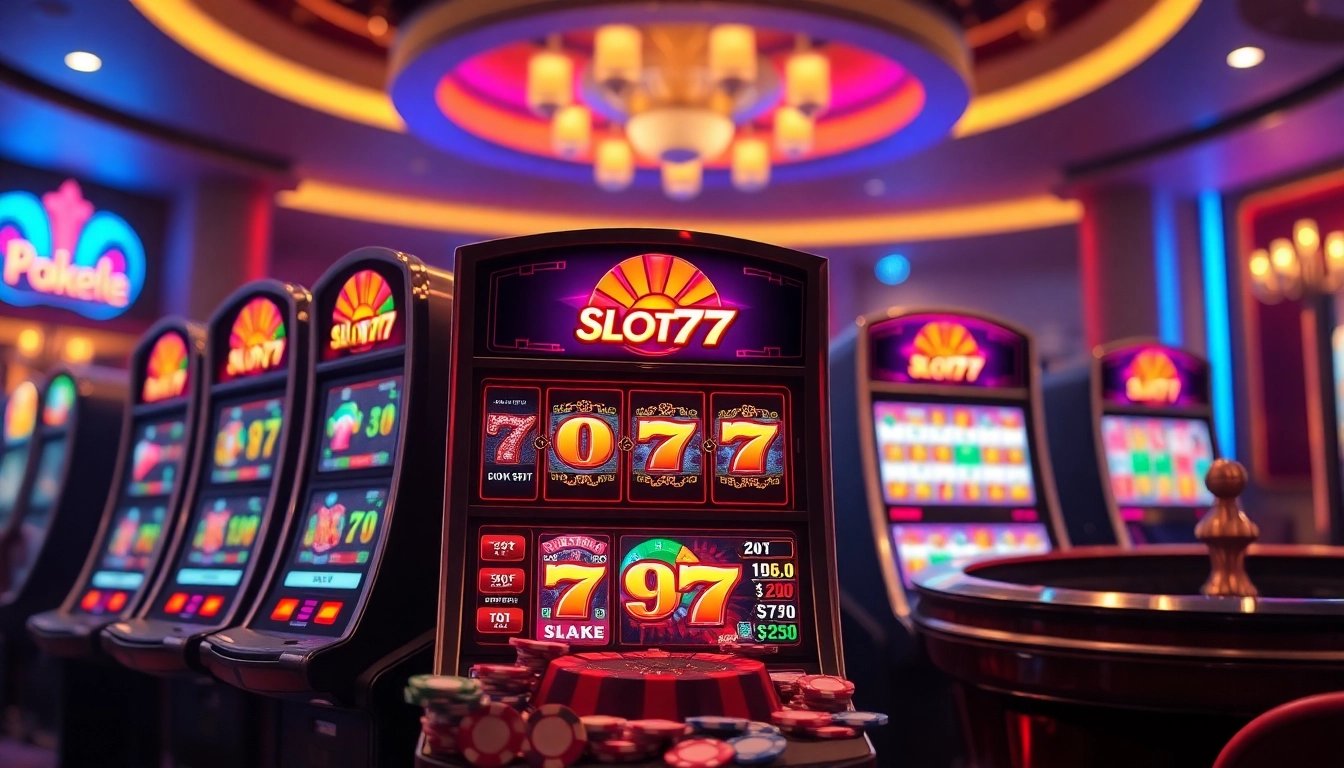 Players enjoying slot777 games at a vibrant casino, focusing on winning chances and excitement.