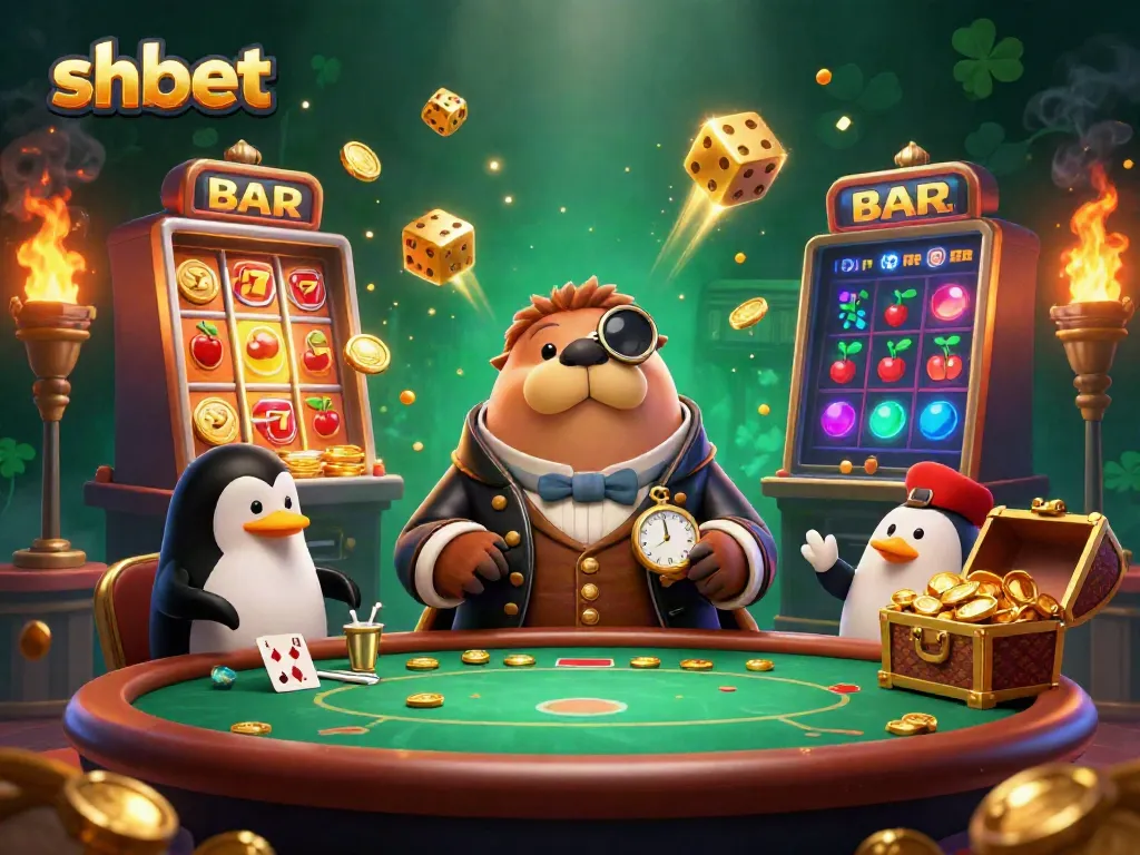 Engage with shbet's thrilling casino experience through a vibrant 3D scene with charismatic characters and exciting gaming elements.