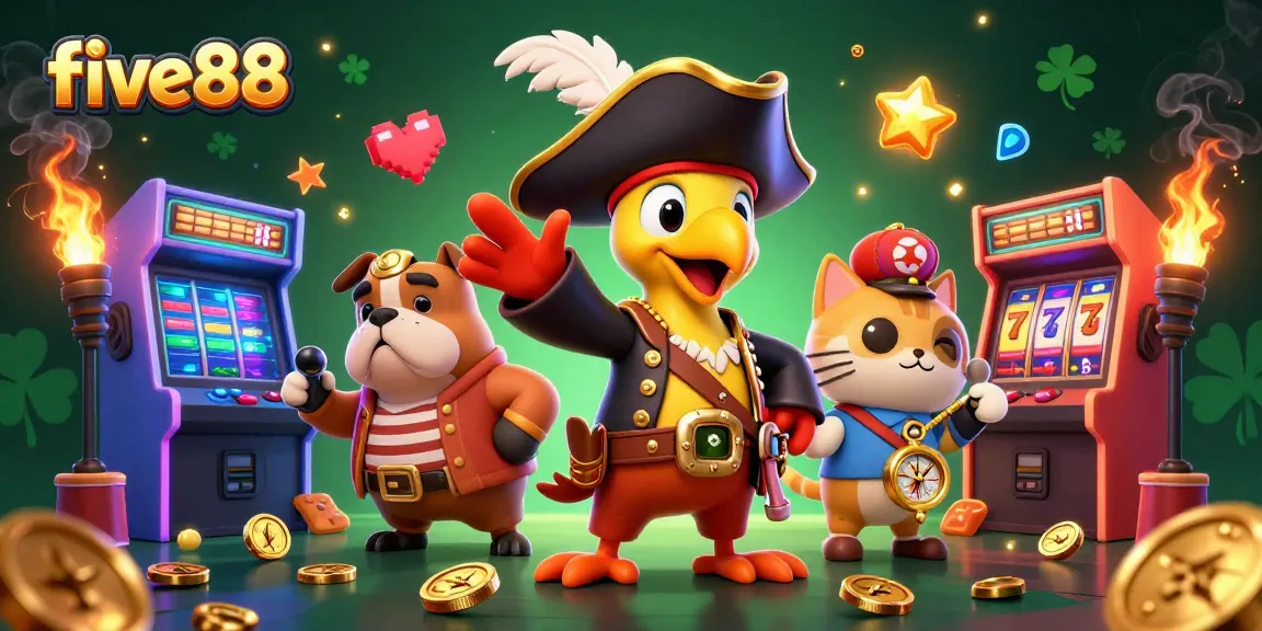 Join the adventure at five88 with a pirate captain, bulldog, and cat navigating a vibrant casino world.