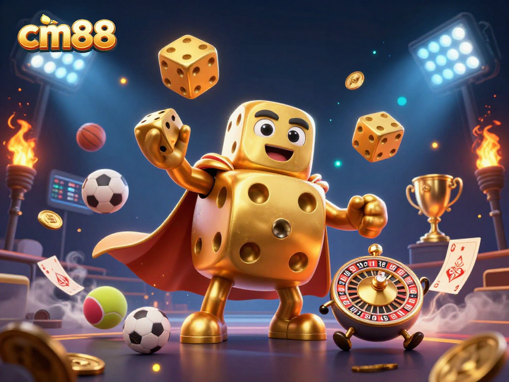 Experience vibrant gaming action with cm88's golden dice golem, sports balls, and dynamic casino elements.