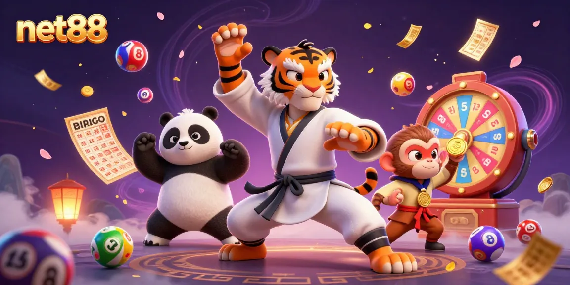 Experience net88's vibrant gaming scene with a kung fu tiger and panda in action.