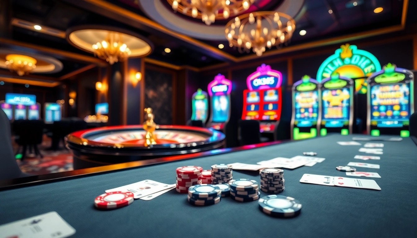 Experience high-stakes gameplay at OK365 with a modern casino setup showcasing poker, roulette, and slots.