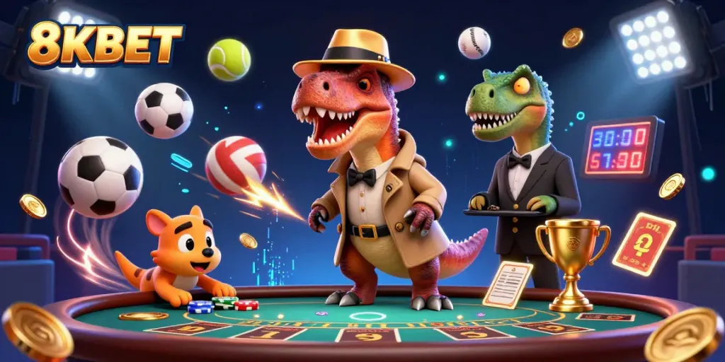 Watch the velociraptor at 8KBET cleverly betting at the blackjack table while a stegosaurus observes suspiciously.