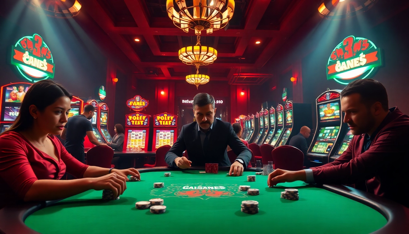 8k8 players engaged in high-stakes poker and exciting slot games in a glamorous casino setting.