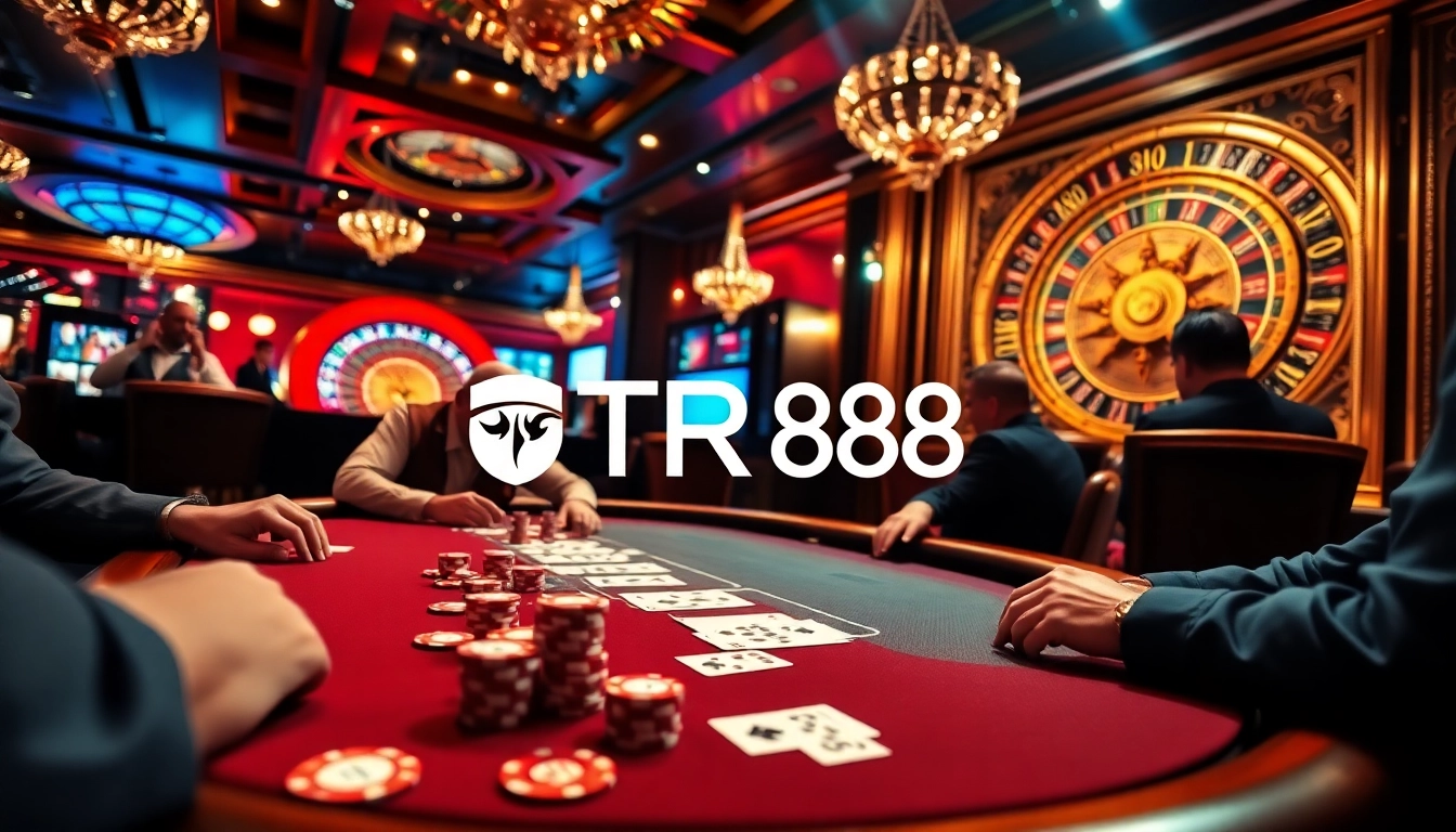 Players enjoying poker at TR88 casino, showcasing chips and cards in an exciting atmosphere.