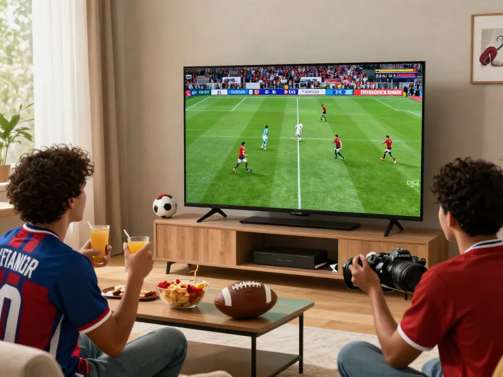 Excited football fan watching live stream on https://xoilactvx.me/ in cozy living room with snacks and memorabilia.