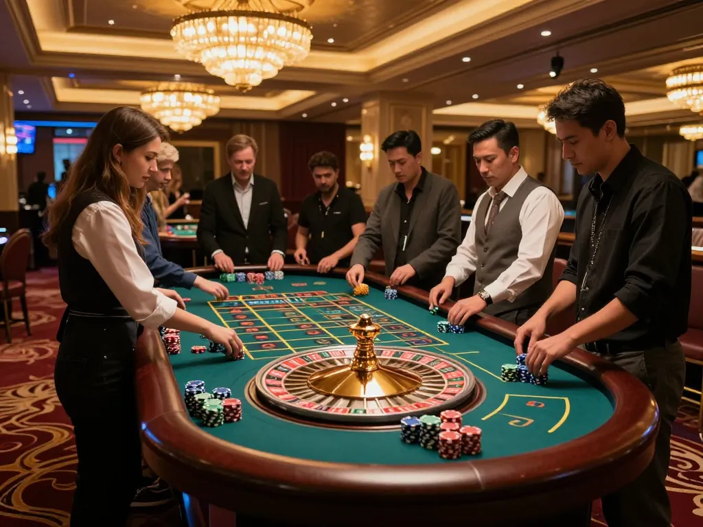 five88 roulette excitement with players placing bets at a vibrant table in a luxurious casino setting