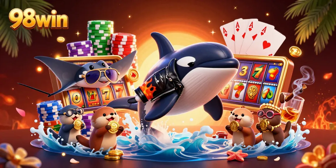 Experience the thrill of 98win gaming with a dynamic ocean scene featuring a whale and otters.