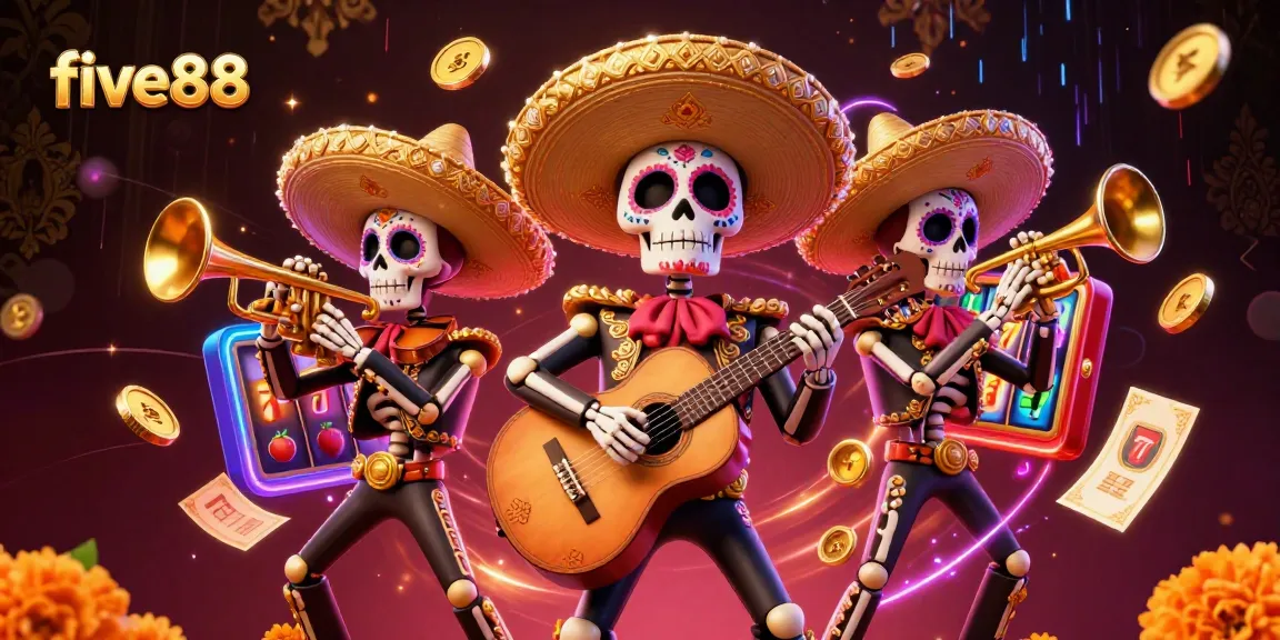 Experience the excitement of five88 casino with a vibrant illustration of magical mariachi skeletons playing amidst spinning slot reels.