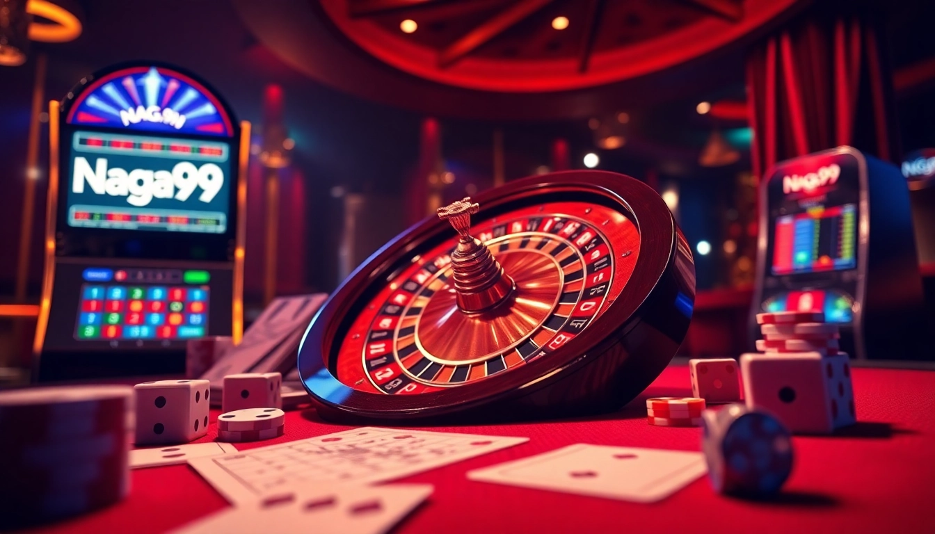 Naga99 online casino featuring an elegant roulette wheel and vibrant poker chips.