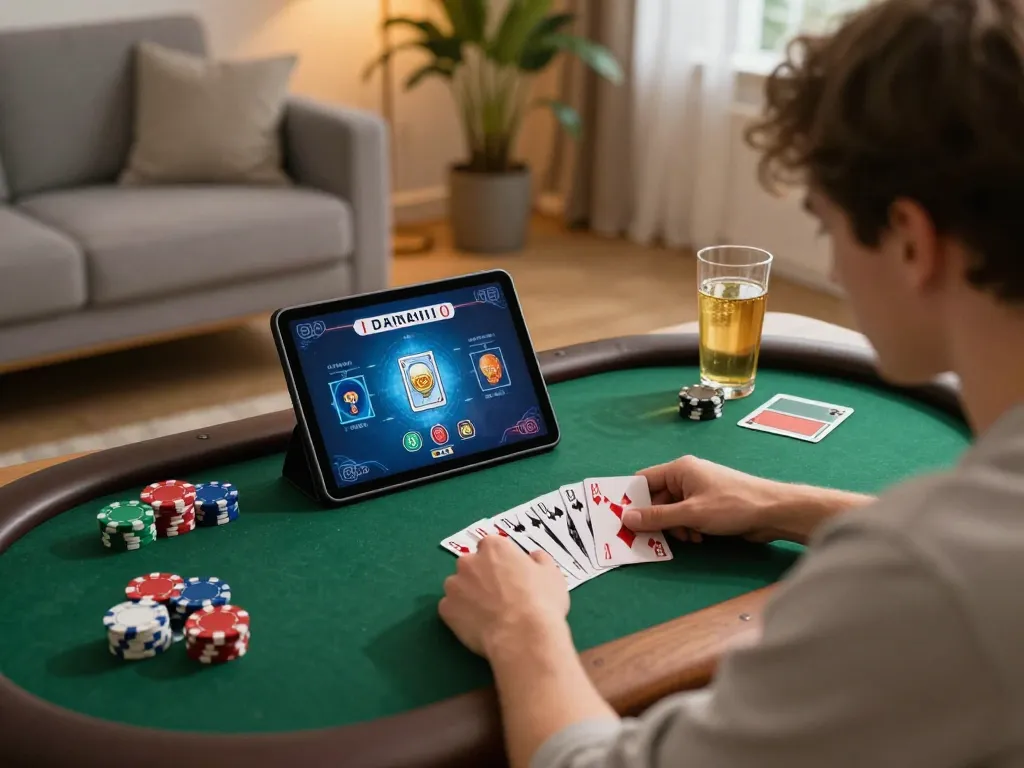 Engaging online poker gameplay on J188 tablet in a cozy living room ambiance