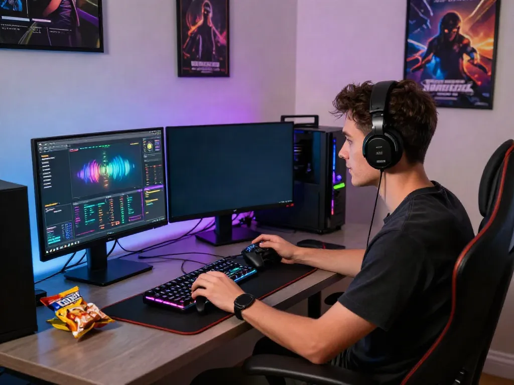 Engaged player gaming at home showcasing manclub excitement in a vibrant setup