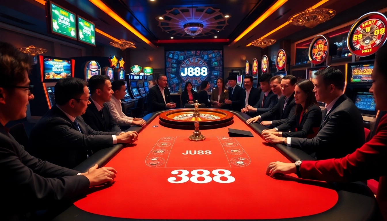 Experience the thrill of playing at J88 with vibrant casino tables and excited players.