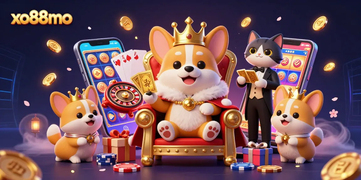 Experience the thrill of winning with xo88mo in this vibrant 3D digital casino illustration featuring slot games and royal characters.