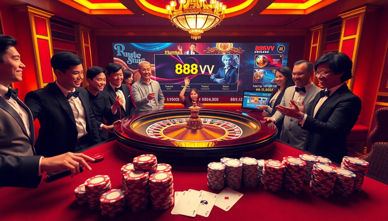 Players engaging in a thrilling game at an 88vv casino table, showcasing vibrant chips and cards.