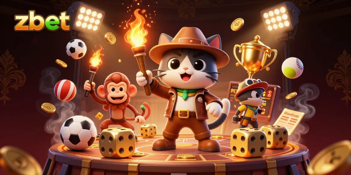 zbet showcases a thrilling scene with cartoon characters uncovering a casino treasure, surrounded by dynamic sports elements.