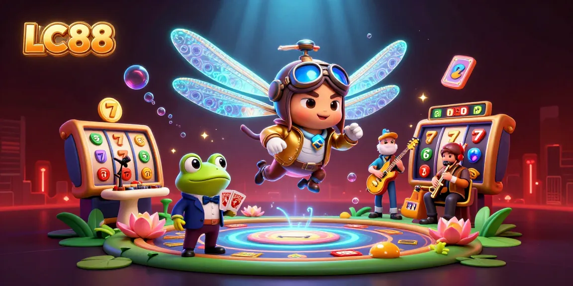 LC88 players enjoy vivid casino action with a vibrant dragonfly pilot and frog dealer.