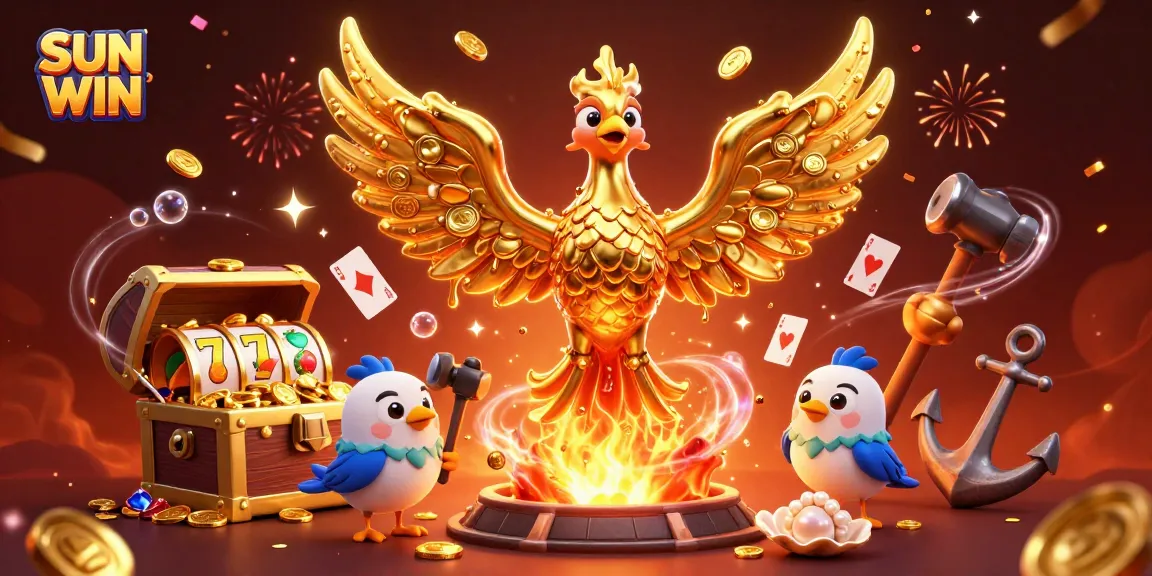 SUN WIN showcases a molten metal phoenix amidst gold coins and vibrant slot elements in a dynamic casino scene.
