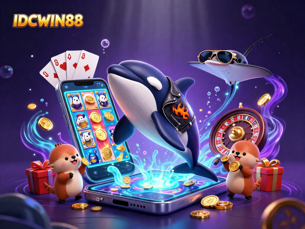 Spin to win with IDCWIN88 in a vibrant underwater casino scene featuring sea creatures and gaming elements.