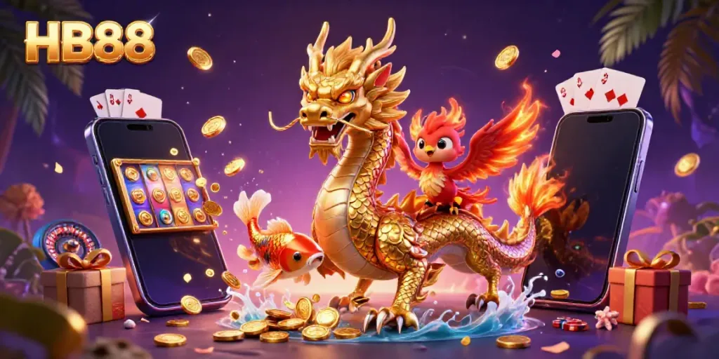 Experience thrilling gameplay at HB88 with a dynamic scene featuring a golden dragon, phoenix, and koi fish.