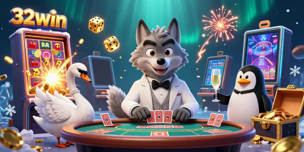 Experience the vibrant energy at 32win with a 3D cartoon wolf, swan, and penguin at a casino table adorned with explosive gaming elements.