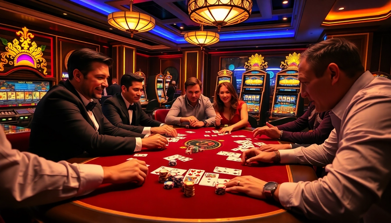 Kuwin poker game table with vibrant chips and engaging players in a luxurious casino setting.