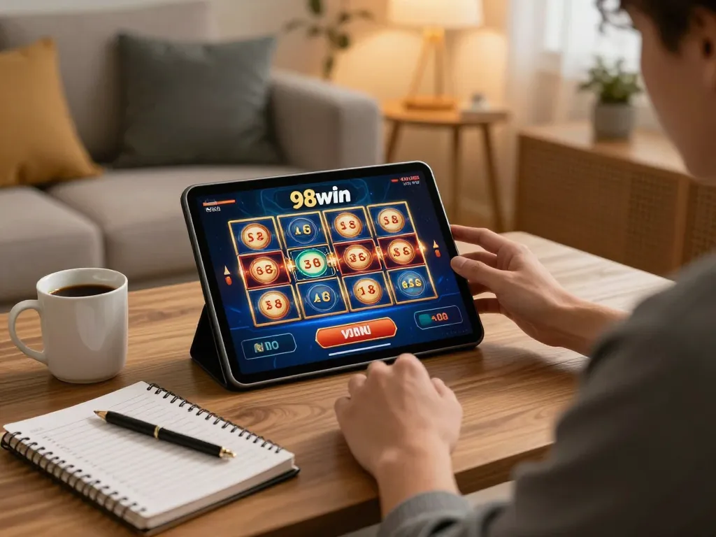 Engage in 98win casino action while exploring exciting slot games on a tablet at home.