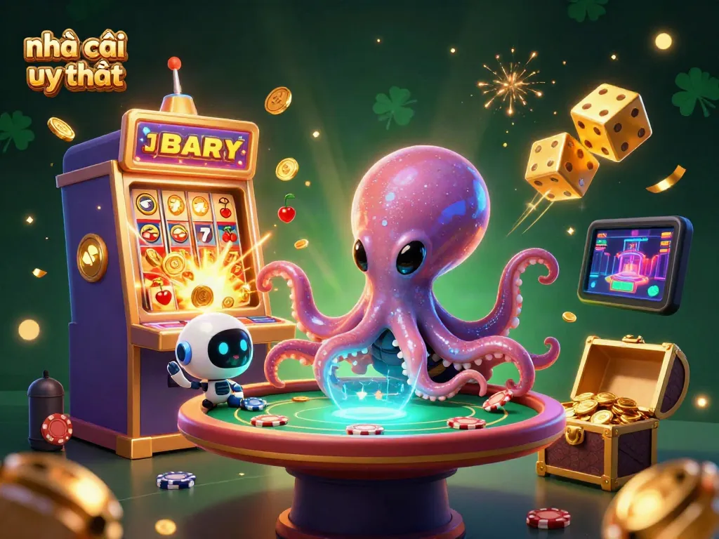Engaging alien octopus enjoying a holographic poker game, representing nhà cái uy tín in a vibrant casino scene.