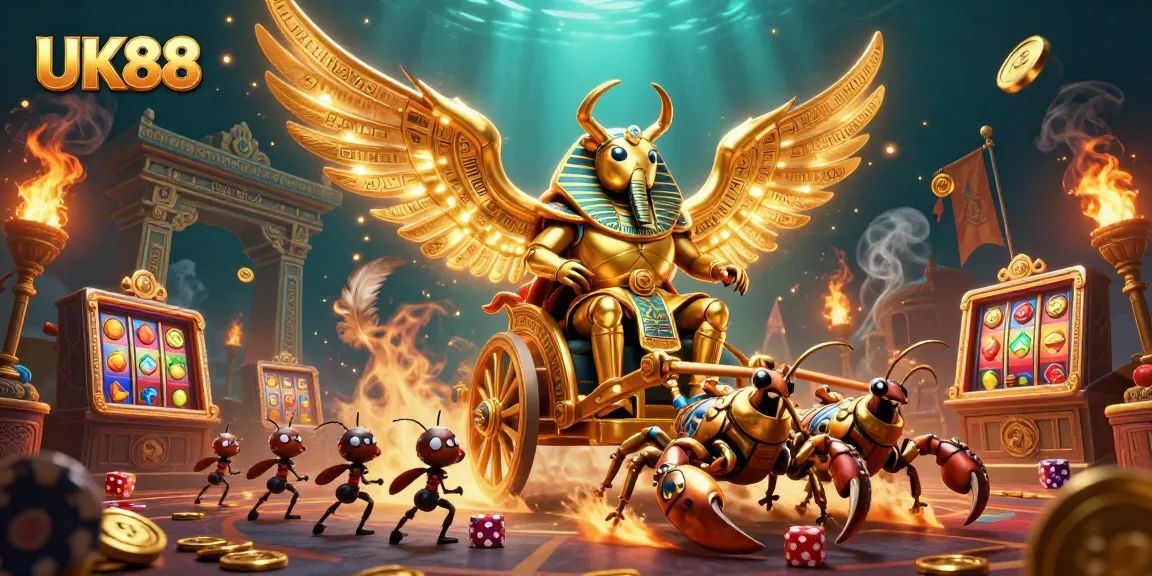 Engage with UK88's vibrant casino action featuring a colossal golden scarab beetle amidst riches.