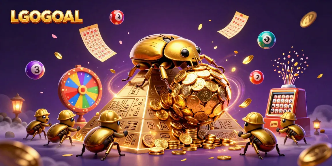 Experience LGOGOAL with an engaging scene featuring beetles, golden coins, and vibrant gaming elements.