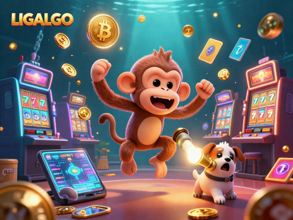 Experience thrilling gaming adventures with LIGALGO in a dynamic casino scene featuring a playful ghost monkey.
