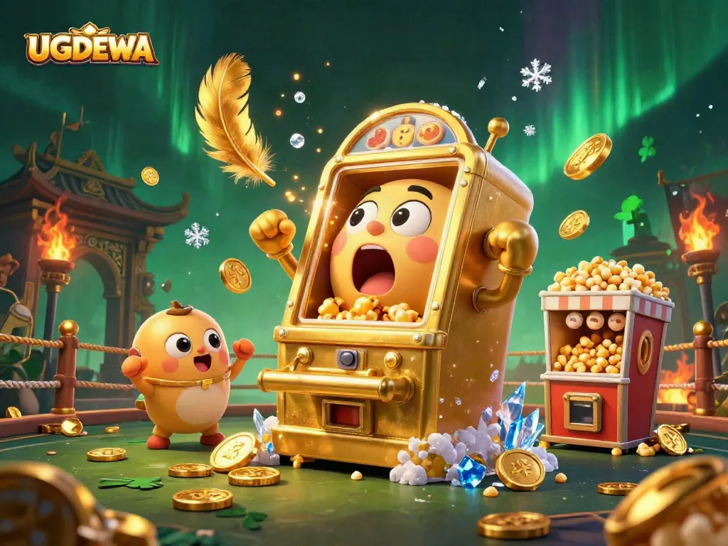 UGDEWA slot machine hitting jackpot, golden coins pouring out, vibrant casino atmosphere.