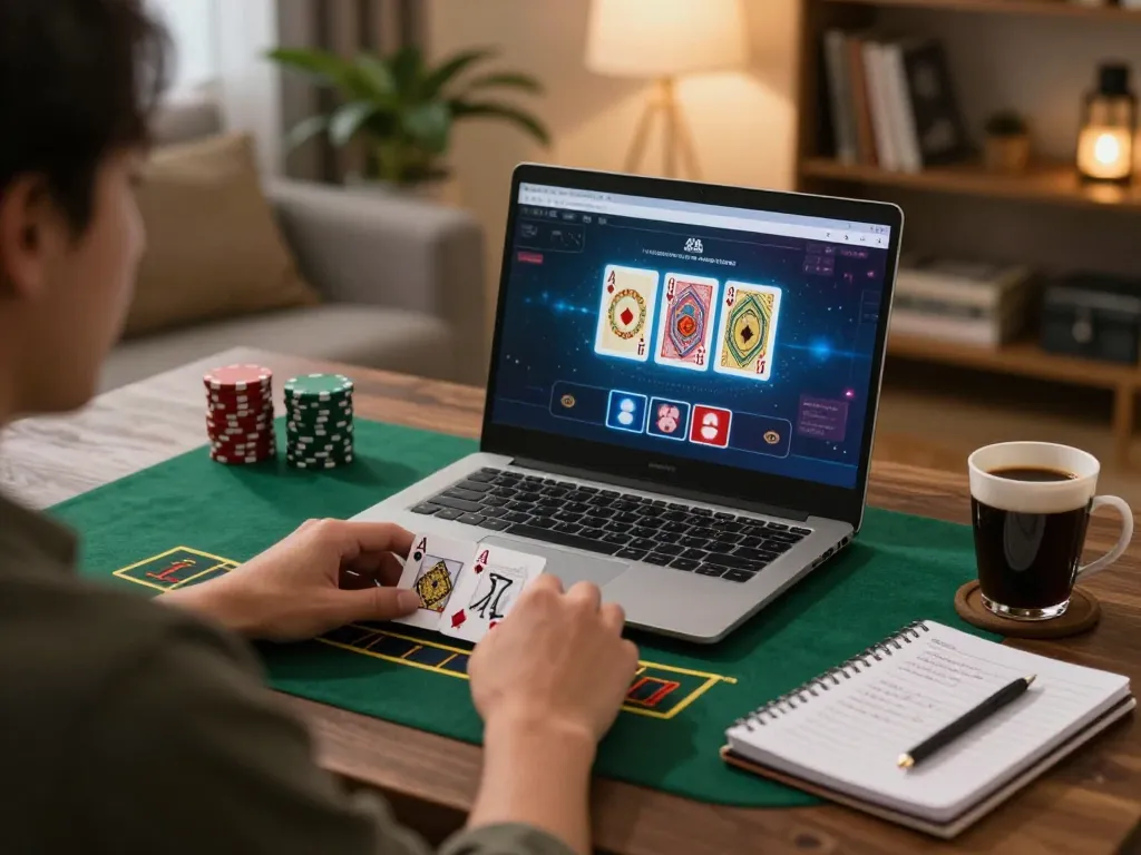 Playing blackjack online at home with GO99, showcasing strategic gameplay and cozy atmosphere