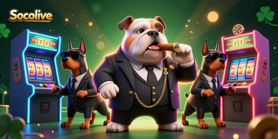 Socolive entertains with a dynamic scene featuring a mafia bulldog boss and his Doberman bodyguards amidst exciting vibrant gaming elements.