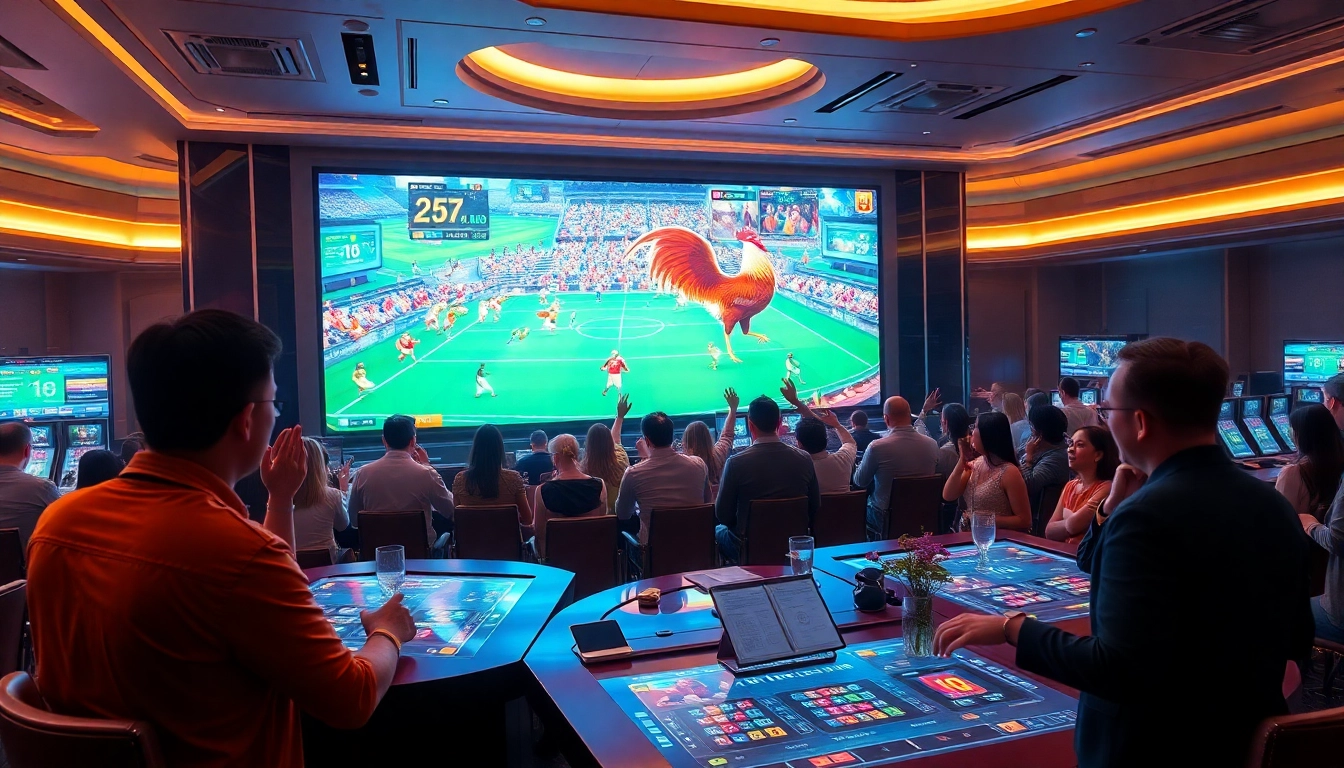Engaged gamblers placing bets during a live đá gà thomo 67 event with vibrant visuals and excitement.